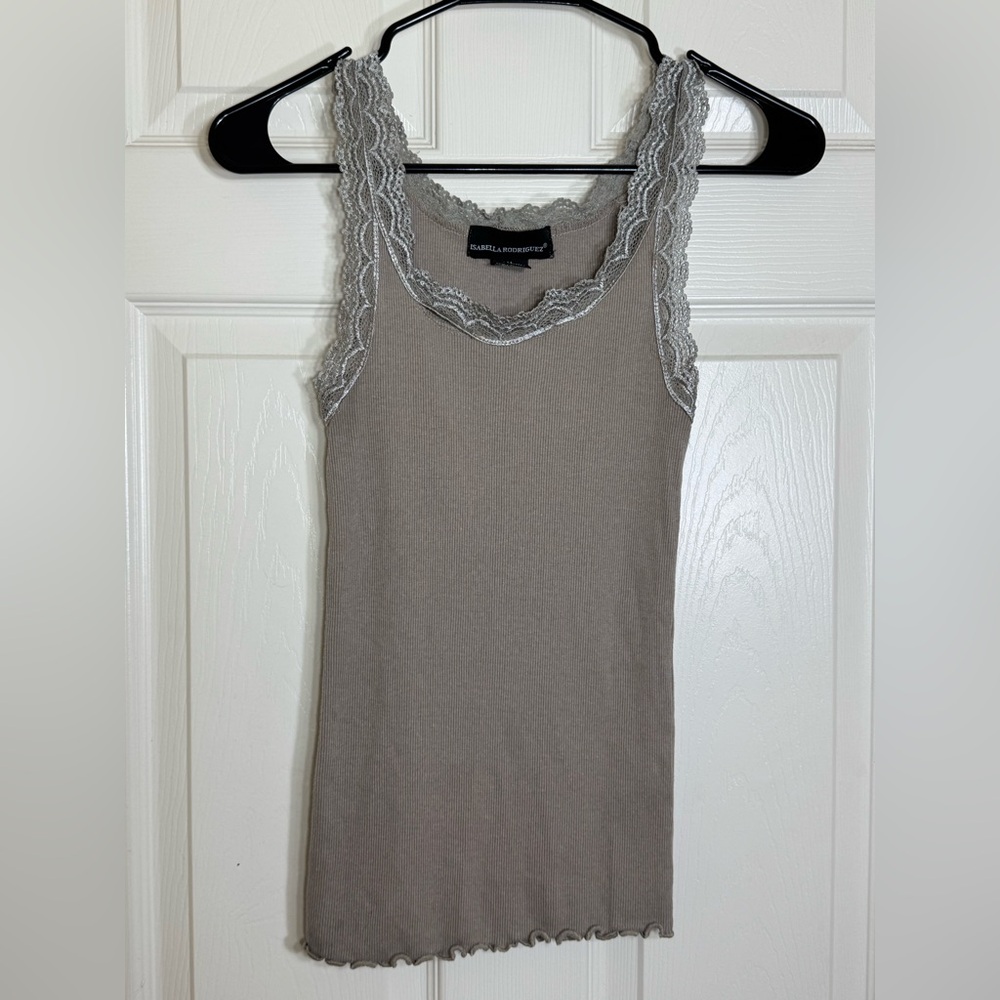 Isabella Rodriguez Taupe Ribbed Lace Tank M Bella Swan Y2K Coquette‎ Top